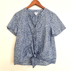 J. Crew Blue Floral Button Up Top with Front Tie Size Medium